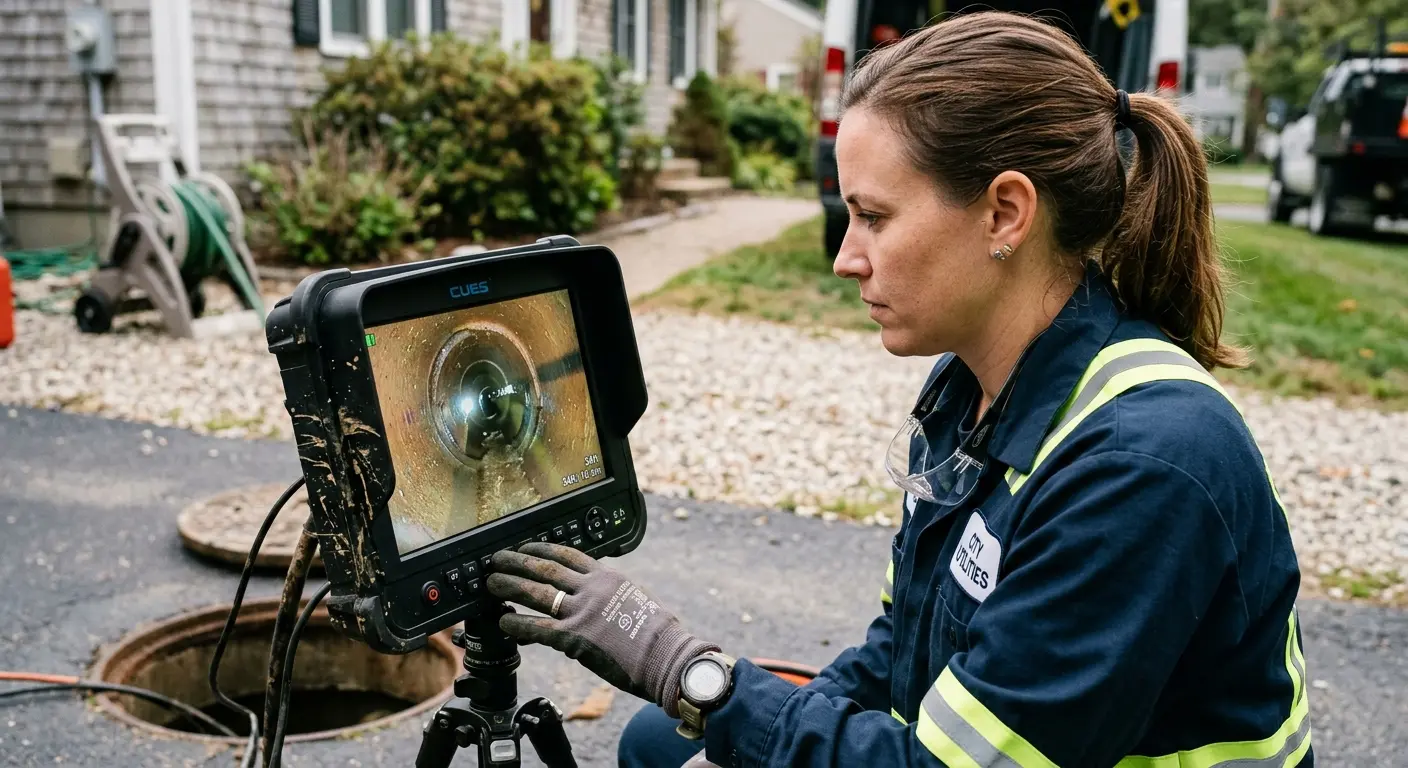 Technician reviewing sewer camera inspection footage in Berlin